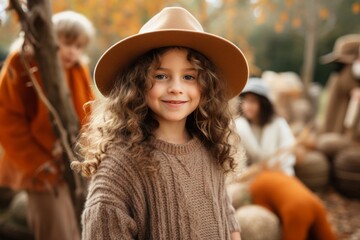 Portrait of smiling little girl in hat and autumn clothes looking at camera