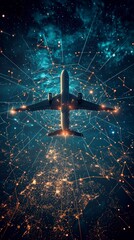 Wall Mural - an airplane silhouette is seen soaring gracefully under a mesmerizing night sky filled with stars an
