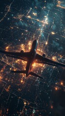 Wall Mural - a jet airliner ascends above a city grid glowing with lights, reminiscent of a digital network, illu