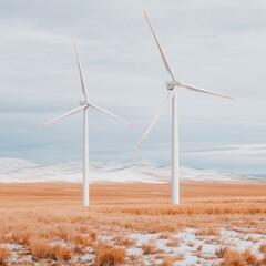 Two wind turbines in a grassy landscape under a cloudy sky.