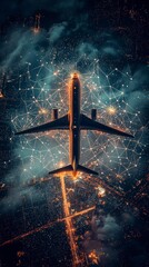 Wall Mural - an airplane flies across a luminous ground displaying a digital web, representing themes of advanced