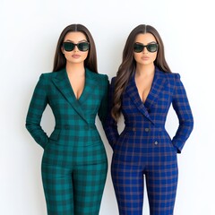 Two women in stylish plaid suits and sunglasses posing against a white background.