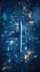 Wall Mural - bird's-eye view of an airplane flying over a glowing cityscape, showcasing intricate networks of lig