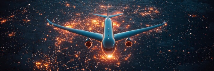 Wall Mural - an airplane is descending through a dazzling network of lights and clouds, reflecting the interplay 