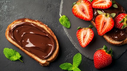 Wall Mural - Delicious Chocolate Spread on Toast with Fresh Strawberries