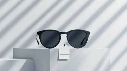 A mockup of a modern pair of sunglasses with a blank tag, placed on a clean background, perfect for fashion advertising.