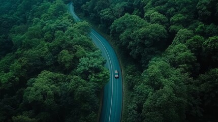 Aerial top view of a wooded road with motion blur from an automobile. twisted path through the woods. On the road between the green trees, cars travel. Road tour on ecosystem ecology