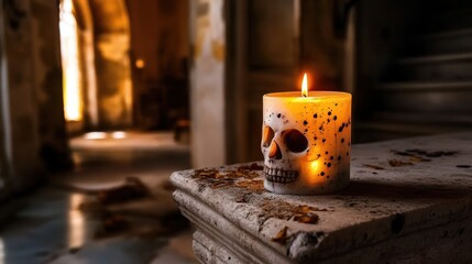 A skull candle melting slowly on a stone altar