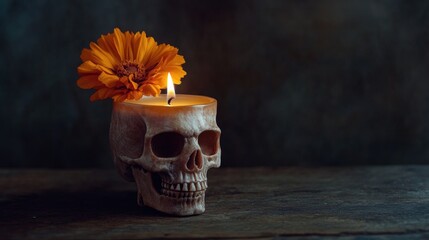 A marigold flower balanced on the top of a skull-shaped candle