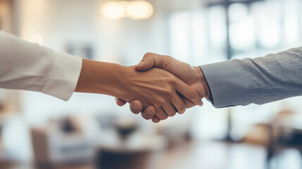 Close-up of a handshake between two people in a bright, modern office, symbolizing partnership, trust, and professional agreement.