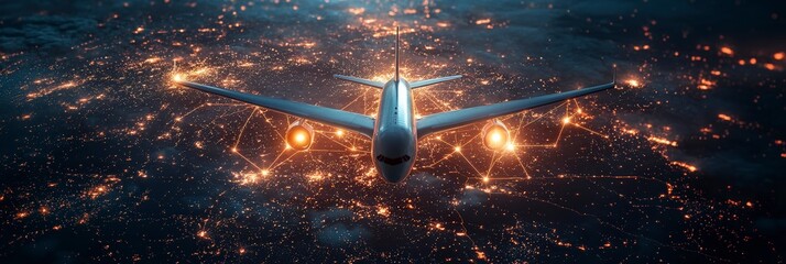 Wall Mural - a commercial airplane flies above a cityscape with glowing network lines, symbolizing connectivity a