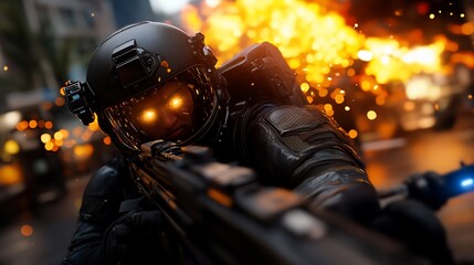 A soldier in futuristic gear aims his weapon in a city under attack.