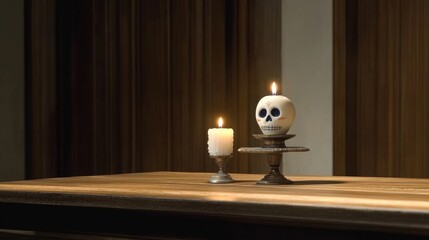 A sugar skull resting on a small altar with only one candle