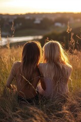 Two women with long hair sit in a sunlit field, sharing connection and tranquility, looking towards the horizon.