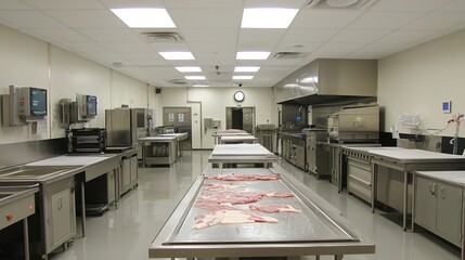 A clean, spacious kitchen featuring stainless steel tables and equipment, with meat displayed on the countertop, ideal for food preparation.