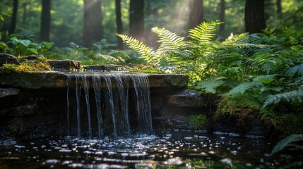 Wall Mural -   A serene waterfall nestled amidst lush greenery, featuring a tranquil stream