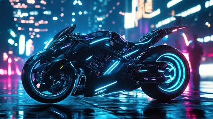 A sleek, futuristic sports bike with sharp angles and neon lights glowing in blue and purple, set against a dark cyberpunk cityscape