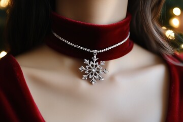 Elegant snowflake necklace on red velvet choker, festive holiday jewelry