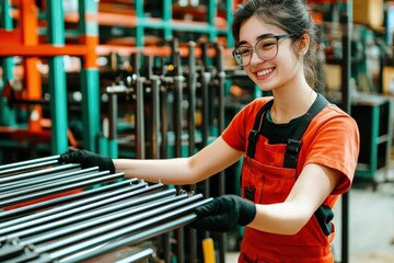 A woman in a red shirt and apron is smiling while holding a metal rod. She seems to be happy and content with her work