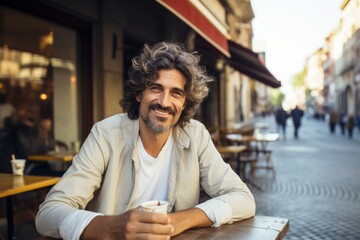 Handsome man drinking coffee and smiling while sitting in a street cafe