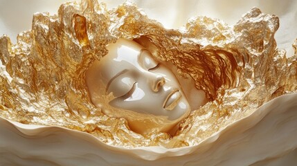 Wall Mural - A serene face emerges from a swirling, golden, liquid-like substance, symbolizing beauty, serenity, and transformation.