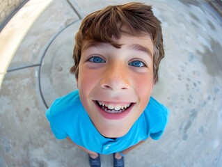 Fisheye lens view of a smiling boy in a blue shirt