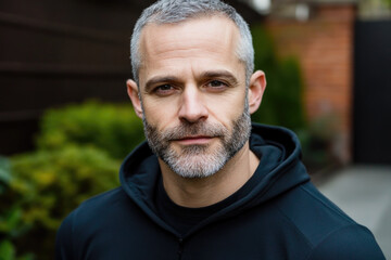 Mature man in outdoor setting wearing black hoodie