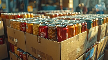 Stacked boxes of assorted canned goods in a busy warehouse, capturing the essence of inventory management and supply organization.