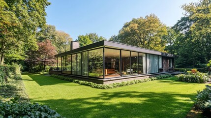 Aufkleber - Modern Glass House Surrounded by Lush Greenery
