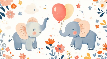  Playful elephants with balloons and flowers, seamless vector pattern, perfect for baby shower invitations and fabric designs