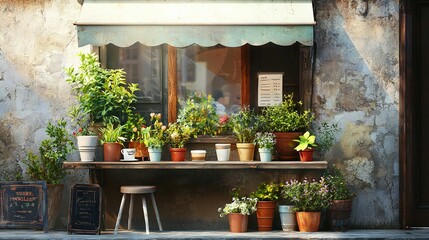 Wall Mural -   Several potted plants arranged on a windowsill shelf with a sign nearby