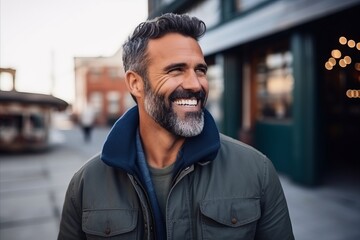 Portrait of a handsome middle-aged man smiling in the city