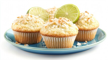 Coconut lime muffins with a lime glaze, placed on a blue ceramic plate, isolated on a white background, with toasted coconut flakes and lime slices