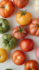 Sticker - farm tomatoes of different colors and sizes, different varieties, on a white background