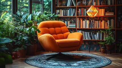 Relaxing book nook a retro 70sinspired interior with a cozy orange armchair a geometric lamp and a closeup of a colorful book shelf with vintage books and boldpatterned wallpaper