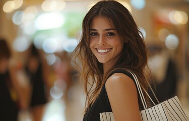 Young woman enjoying a successful shopping spree at the mall with stylish shopping bags and a cheerful smile