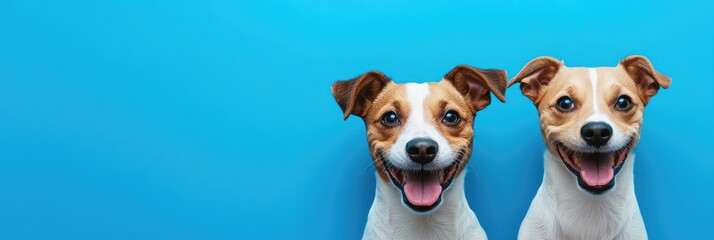 Cheerful Pair of Akita Dogs on Vibrant Blue Banner