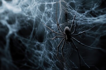 Creepy Halloween Spider Web in Nature with Realistic Black Silhouettes