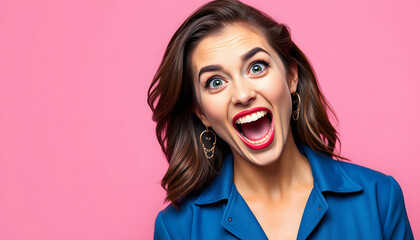 Photo portrait of lovely young lady excited facial expression dressed stylish blue garment isolated on pink color background isolated with white highlights, png