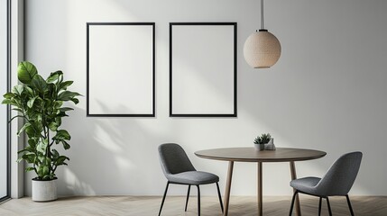 Dining room space with two mock-up poster frames, round table, chair, and pendant lamp