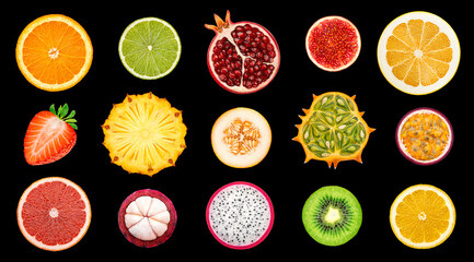 Wall Mural - Fruits and berries slices isolated on white background, top view, flat lay