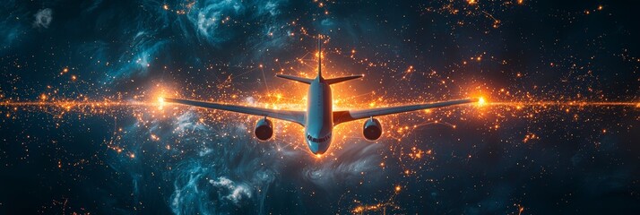 Wall Mural - a jet flying through an ethereal cosmic scene, surrounded by vibrant lights and galactic patterns, i