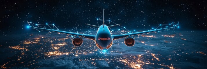 Wall Mural - a powerful aircraft seen head-on beneath a star-studded sky, with bright city lights beneath suggest