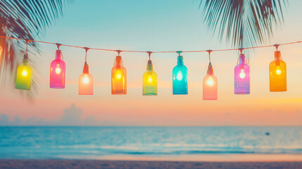 Colorful bottles illuminating a serene beach sunset a captivating coastal scene perfect for relaxation and inspiration