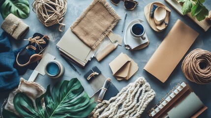 Wall Mural - Flat lay of a creative architect mood board composition with samples of building, textile, natural materials, and personal accessories. Top view, grey background