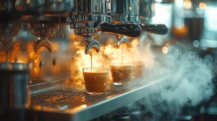 A close-up view of an espresso machine pouring two shots of espresso into glasses. Steam rises from the cups, creating a warm and inviting atmosphere.