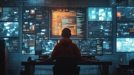 Dynamic scene of a software developer focused on coding at a sleek desk, illuminated by multiple screens displaying complex data.