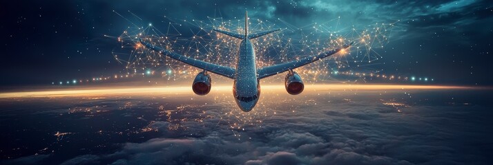 Wall Mural - a commercial aircraft is silhouetted against a sparkling digital network, representing human connect