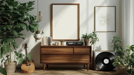 Interior design of retro vintage living room with brown commode, vinyl recorder, books, plants, decorations and elegant personal accessories. Mock up poster frame template