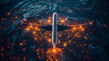 Wall Mural - an airplane glides over a digitally rendered worldwide map, with glowing network lines and nodes sym